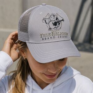True Religion Hat Cap Trucker Womens One Size Gray Rhinestone Mesh Logo Buddha
